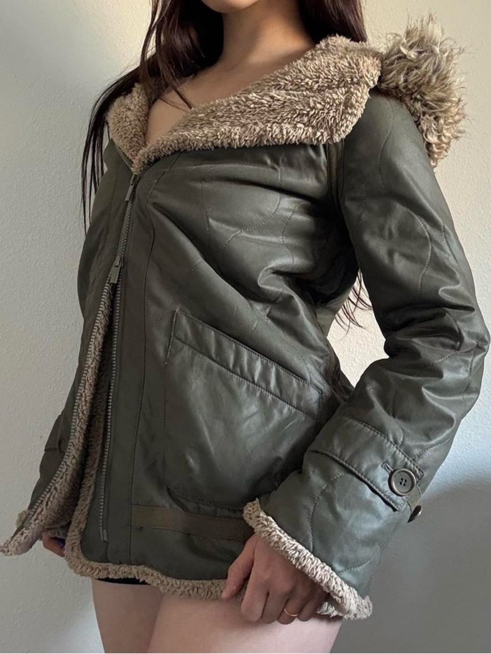 BCBGMaxAzria Olive Faux-Leather Puffer Jacket with Shearling Trim